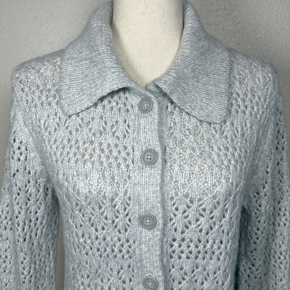 Joie Open Knit Pointelle Cardigan Sweater SM Button Up Shawl Collar Scandi Femme - Picture 3 of 15